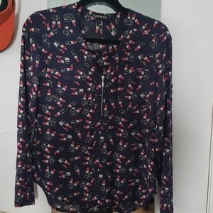 Express blouse lipstick print blue red top zipper shirt XS